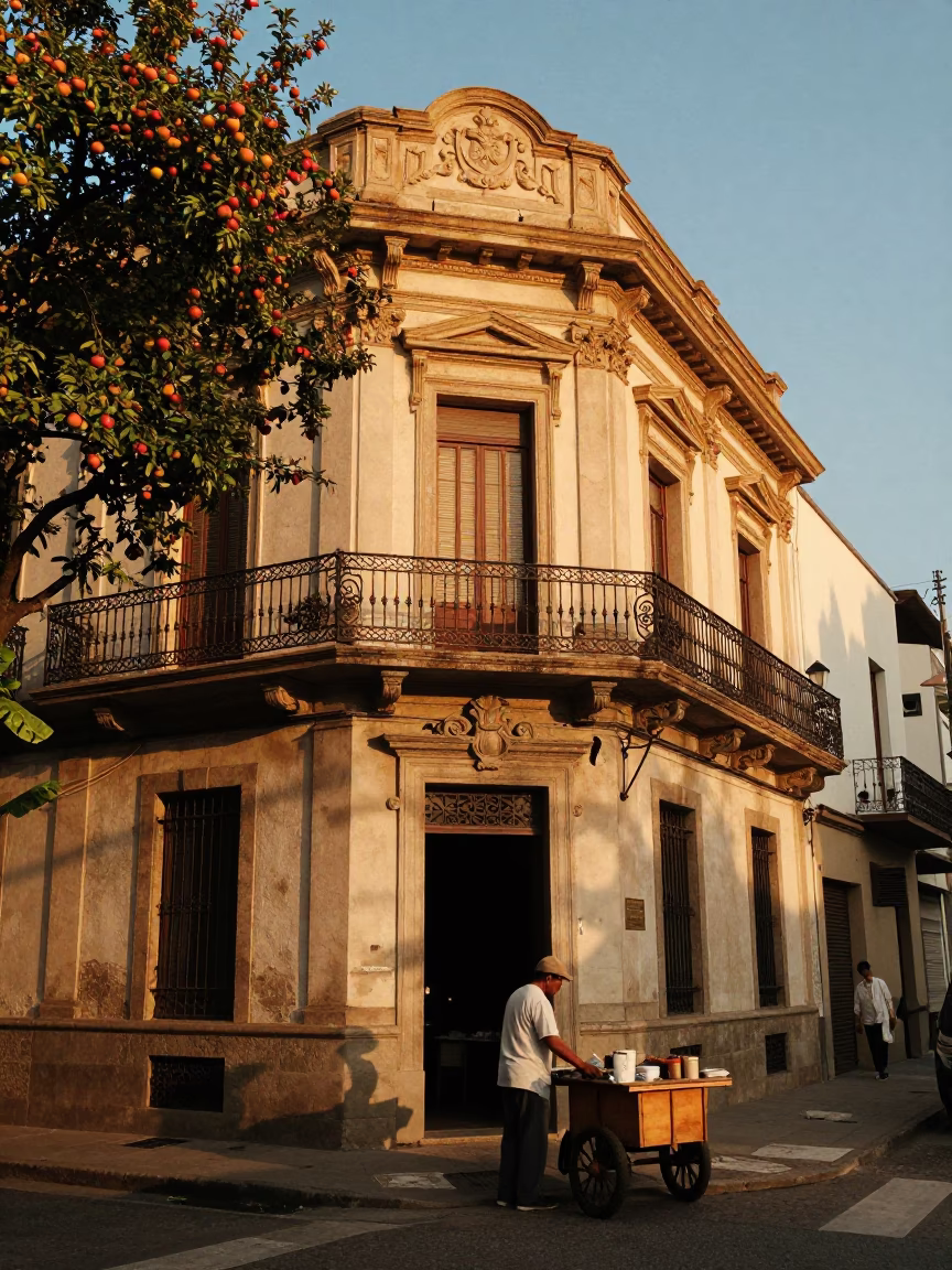 Honeyed Evening Light on Buenos Aires Street with Apples and Jar in in Buenos Aires, Argentina