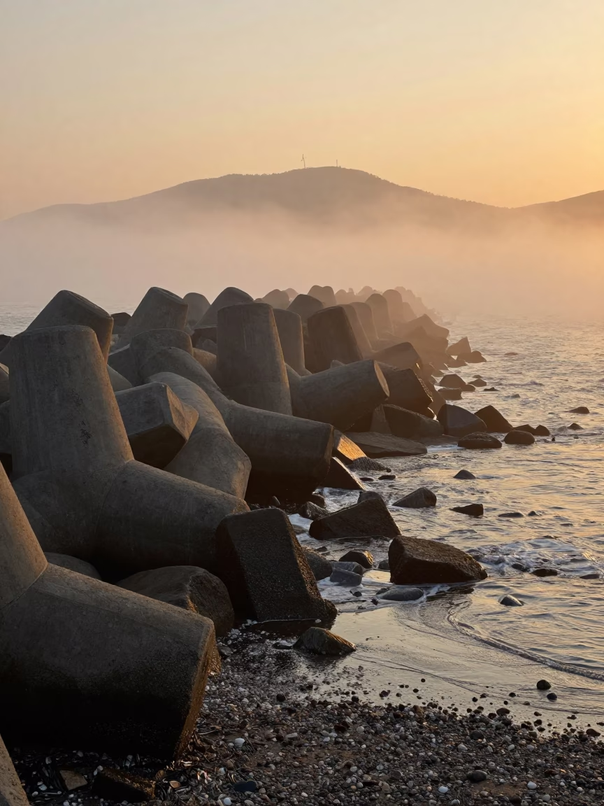 Honeyed Evening Light on Busan Breakwater with Sea Fog Crawling Over Concrete in in Busan, South Korea