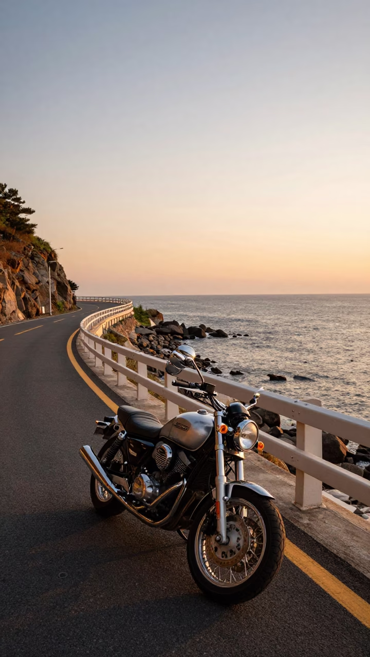 Honeyed Evening Light on Busan Coastal Highway with Motorcycle and Cityscape in in Busan, South Korea