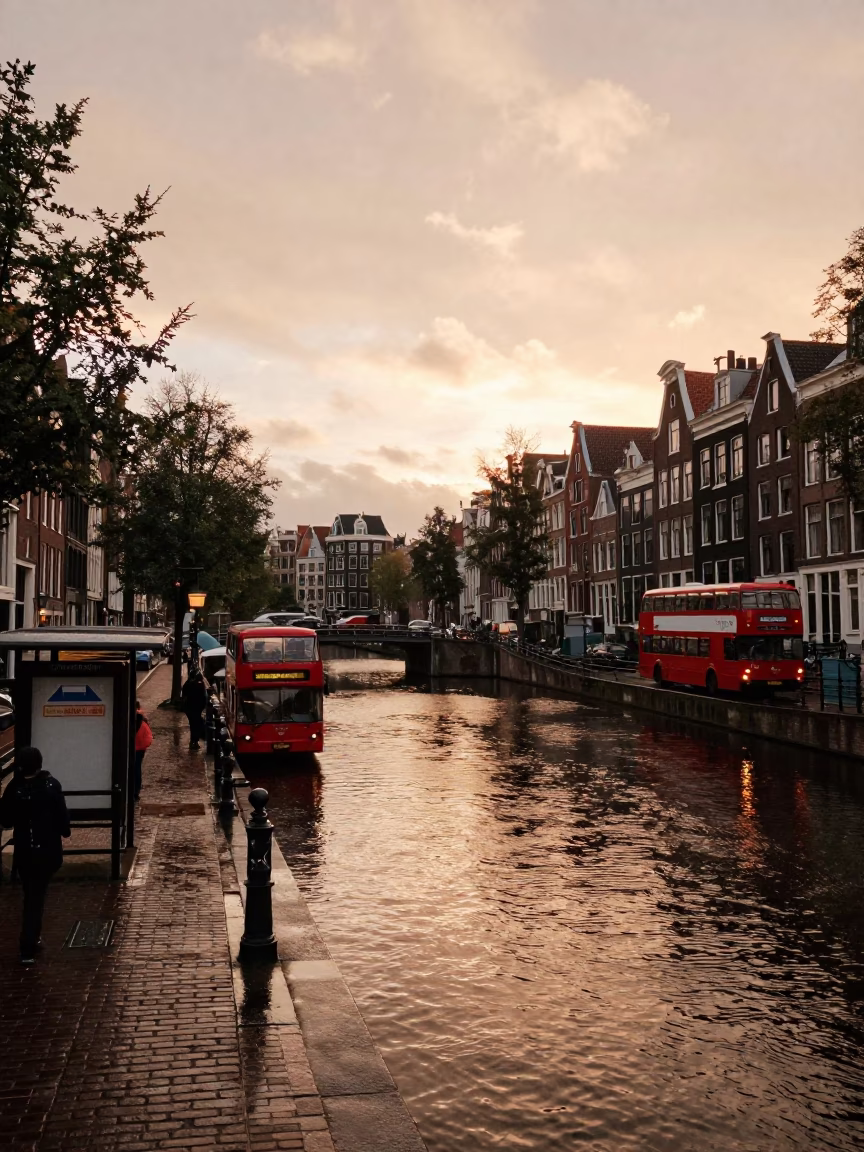 Honeyed Evening Light on Canal Scene in Amsterdam in in Amsterdam, Netherlands