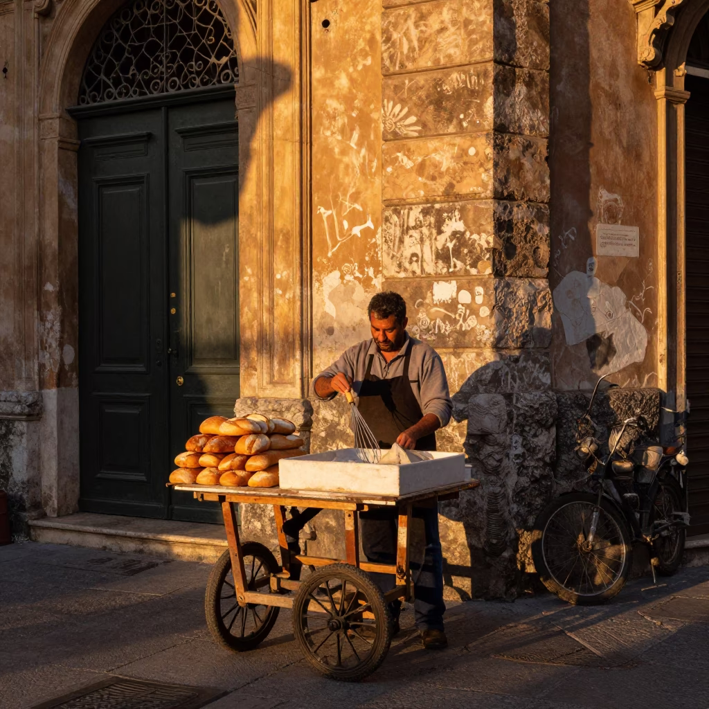 Honeyed Evening Light on Candid Moment in Palermo in in Palermo, Italy
