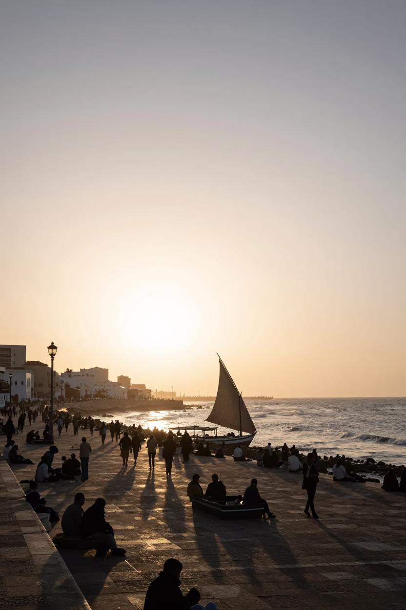 Honeyed Evening Light on Casablanca Corniche with Dhow Silhouette and Lively Street Scene in in Casablanca, Morocco