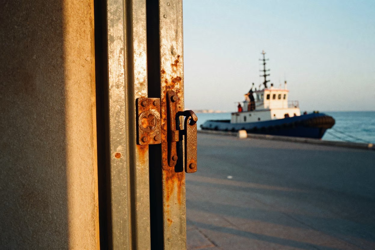Honeyed Evening Light on Casablanca Corniche with Tugboat and Rusty Latch Detail in in Casablanca, Morocco
