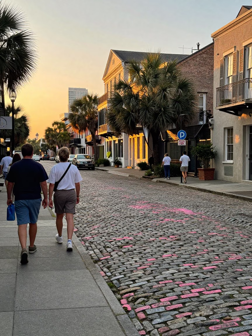 Honeyed Evening Light on Charleston Cobblestone Street with Shoppers and Historic Architecture in in Charleston, South Carolina, United States