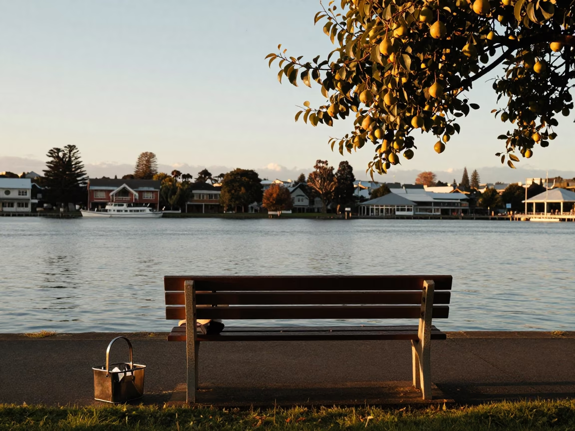 Honeyed Evening Light on Christchurch New Zealand Waterfront with Pears and Tool Caddy in in Christchurch, New Zealand