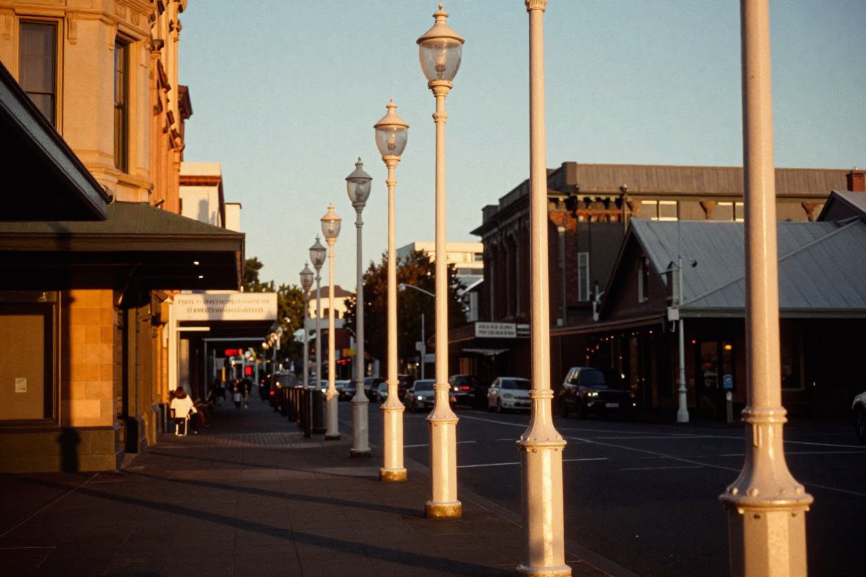 Honeyed Evening Light on Christchurch Street Lamps and Vintage Street Scene in in Christchurch, New Zealand