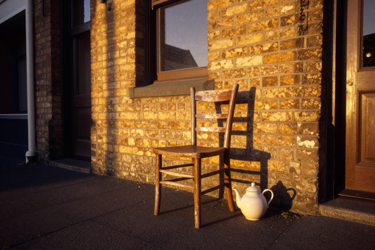 Honeyed Evening Light on Christchurch Street with Ladder-Back Chair and Teapot in in Christchurch, New Zealand