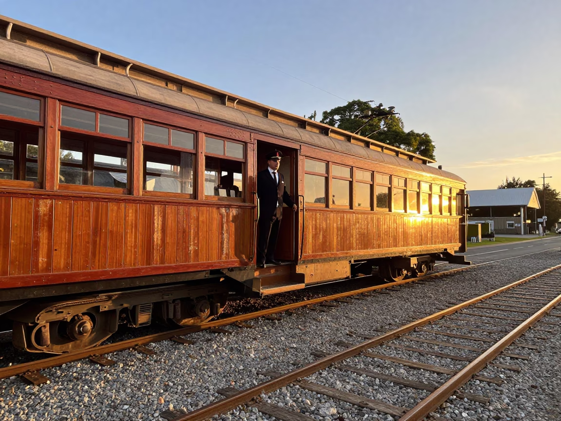 Honeyed Evening Light on Christchurch Tramway Tracks and Vintage Street Scene in in Christchurch, New Zealand