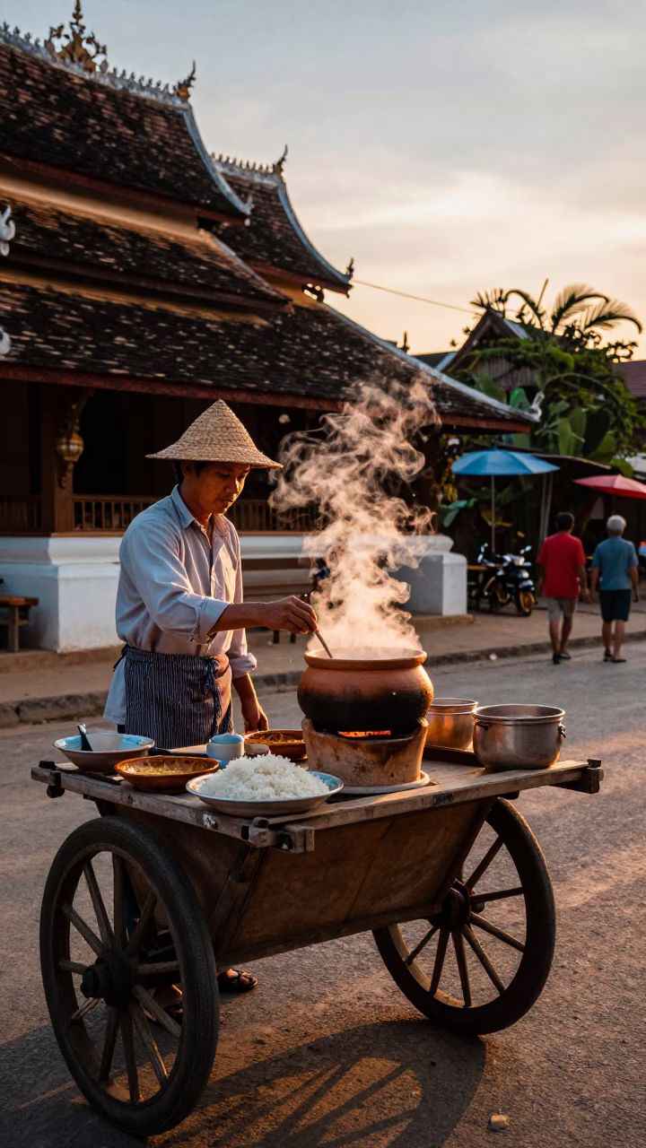 Honeyed Evening Light on Claypot Rice in Luang Prabang in in Luang Prabang, Laos