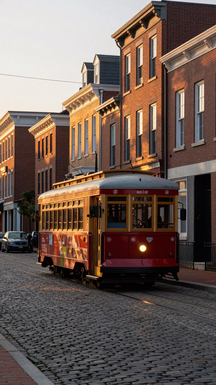 Honeyed Evening Light on Cobblestone Avenue with Heritage Tram in Philadelphia Pennsylvania in in Philadelphia, Pennsylvania, United States