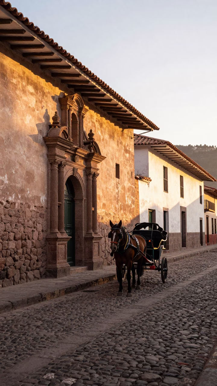 Honeyed Evening Light on Cobblestone Street in Cusco Peru with Horse-Drawn Cart in in Cusco, Peru
