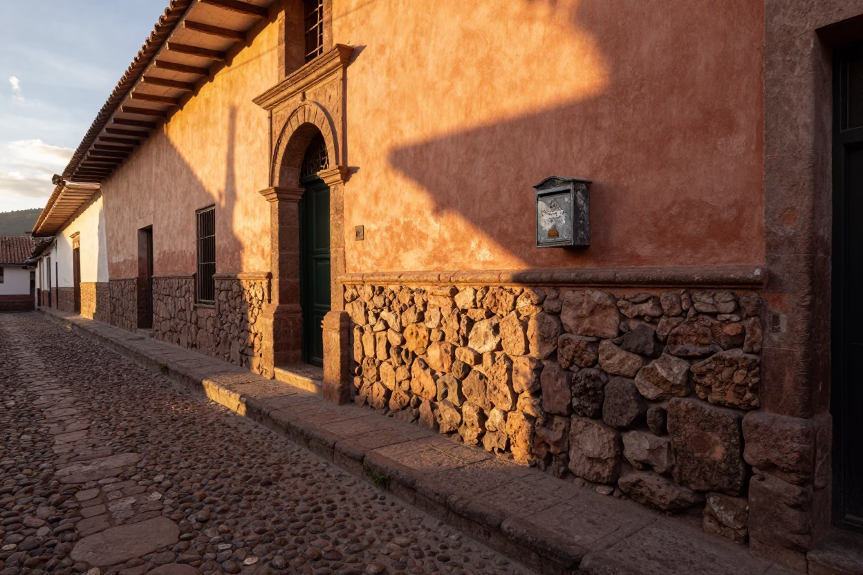 Honeyed Evening Light on Cobblestone Street in Cusco Peru with Terracotta Bowls and Mailbox in in Cusco, Peru