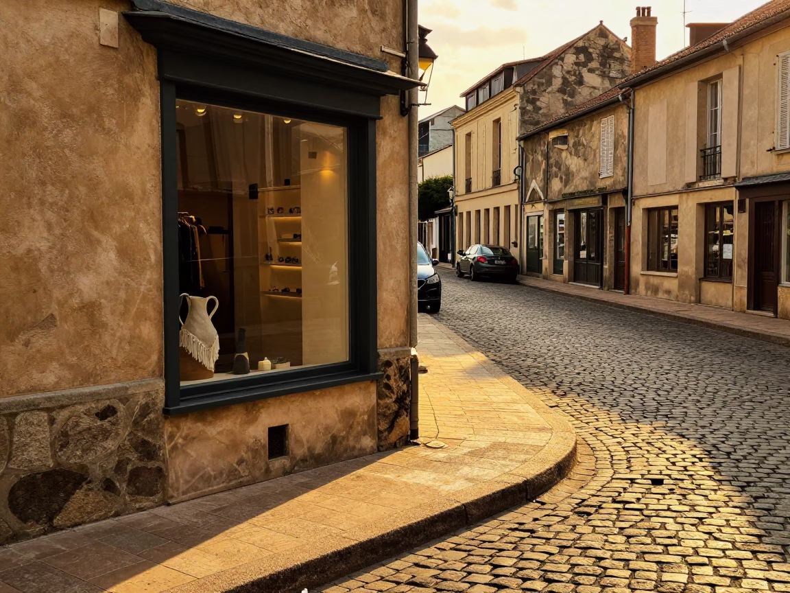 Honeyed Evening Light on Cobblestone Street in Nice France with Local Shop Details in in Nice, France