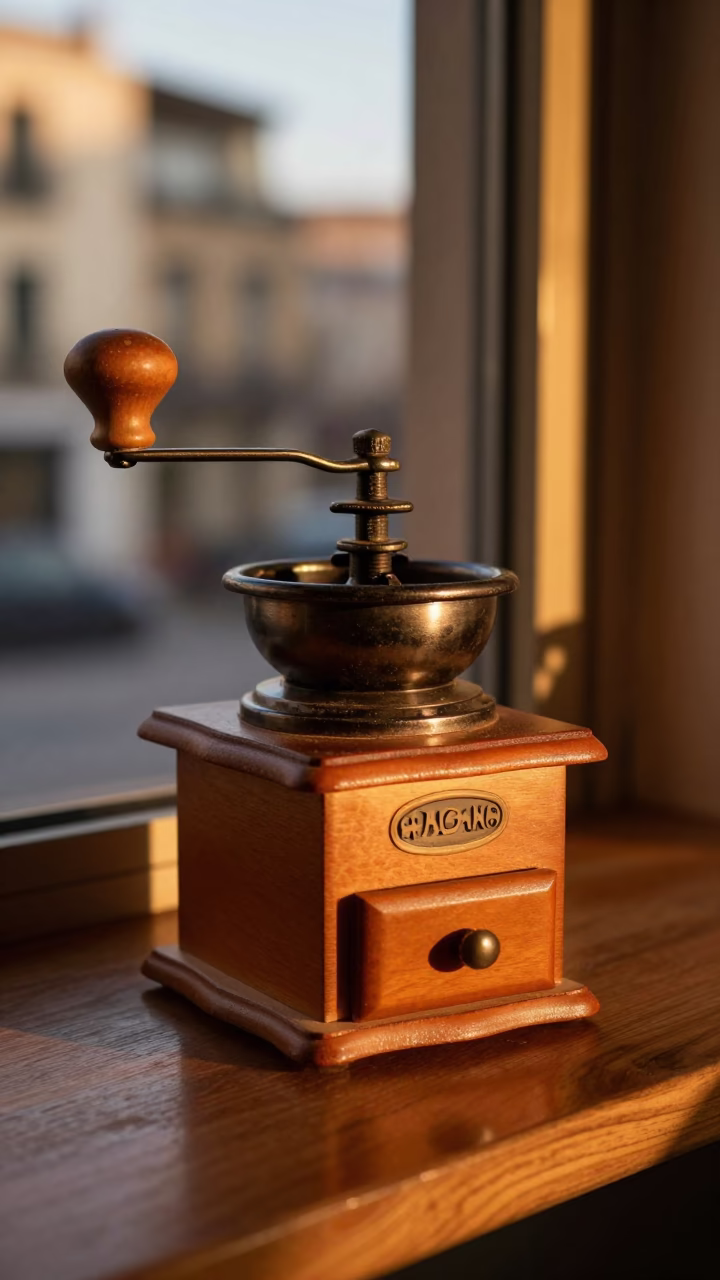 Honeyed Evening Light on Coffee Grinder in Barcelona in in Barcelona, Spain