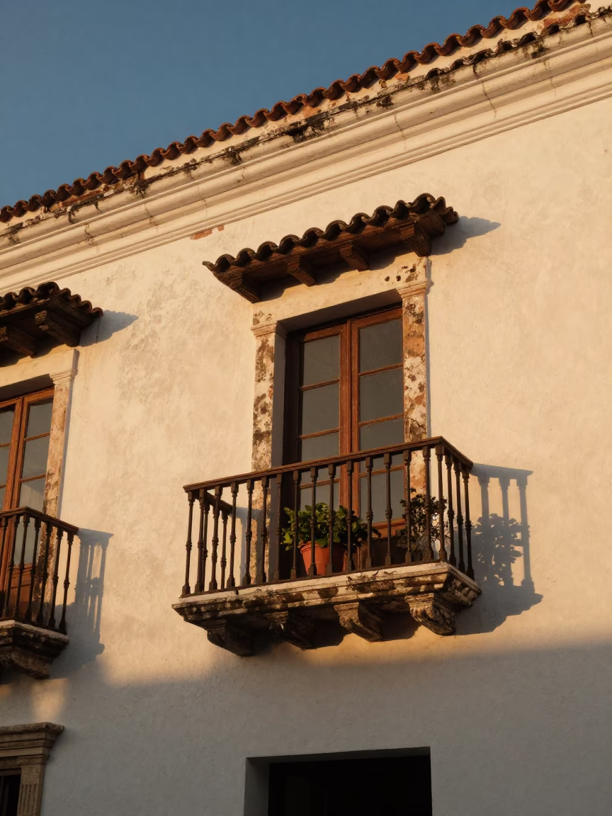 Honeyed Evening Light on Colonial Balcony with Potted Herbs in Cartagena Colombia in in Cartagena, Colombia