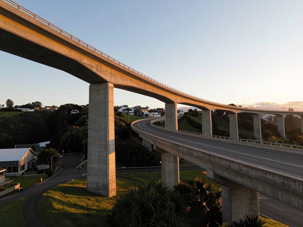 Honeyed Evening Light on Concrete Viaduct Curving Across Wellington Valley Floor with City Skyline in in Wellington, New Zealand