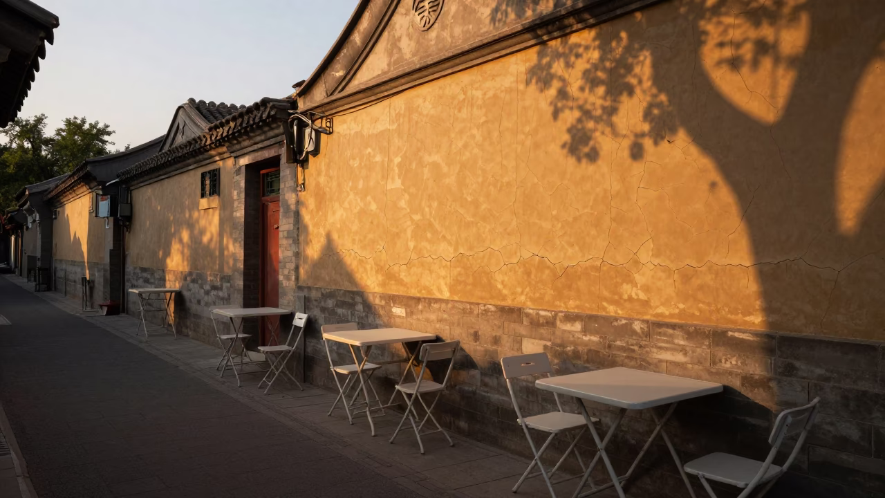 Honeyed Evening Light on Cracked Stucco Alleyway in Beijing China with Folding Tables in in Beijing, China