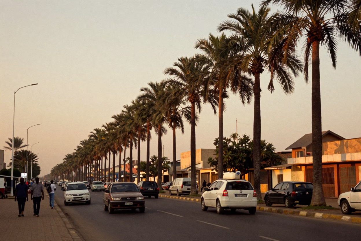 Honeyed Evening Light on Dakar Boulevard Lined by Tall Palm Trees and Bustling Traffic in in Dakar, Senegal
