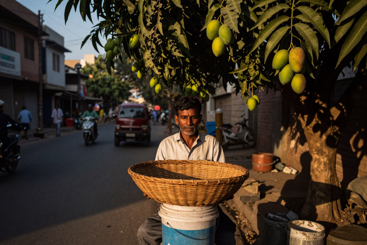 Honeyed Evening Light on Delhi Street with Mango Tree and Wicker Bucket in in Delhi, India