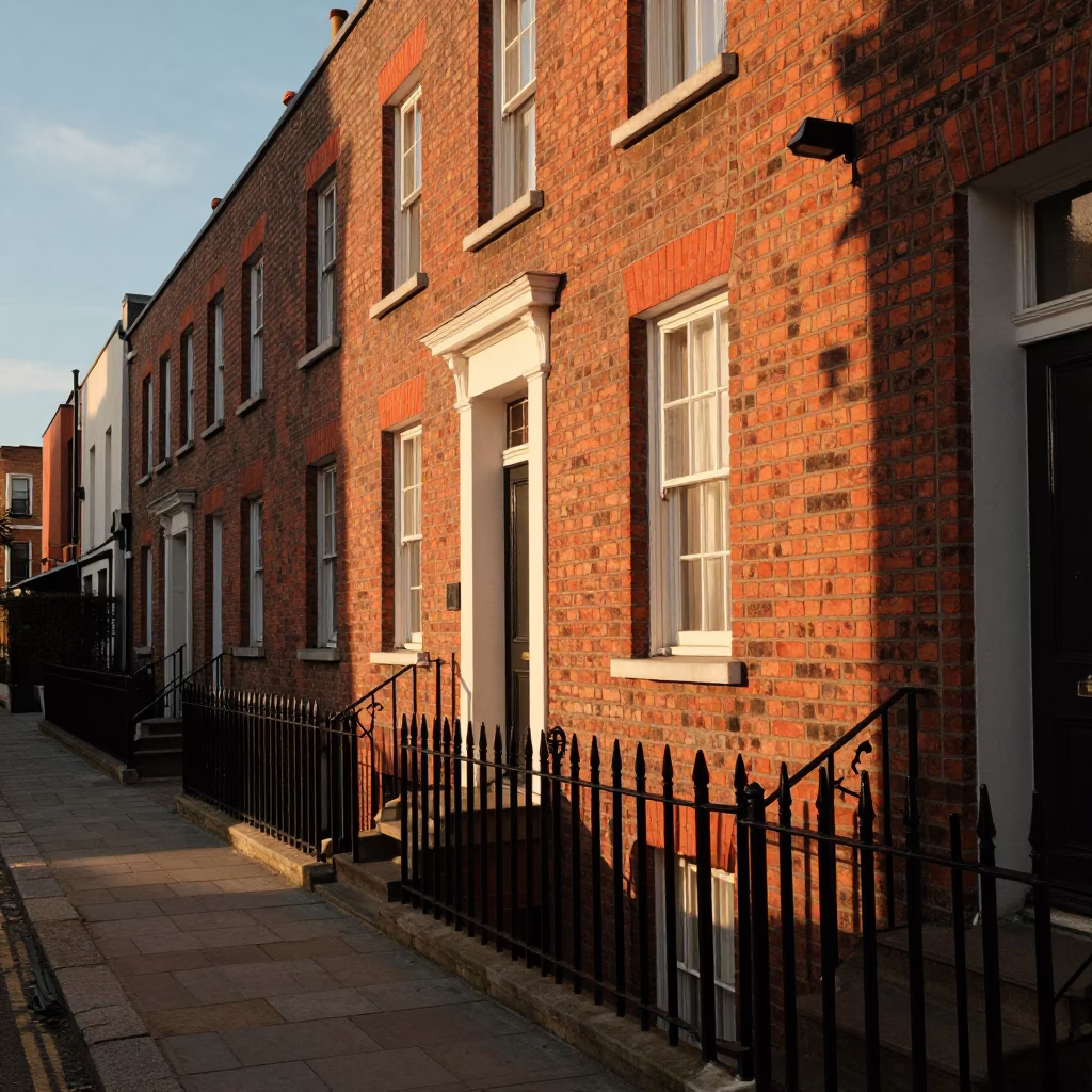 Honeyed Evening Light on Dublin Brickwork and Stair Rail in in Dublin, Ireland
