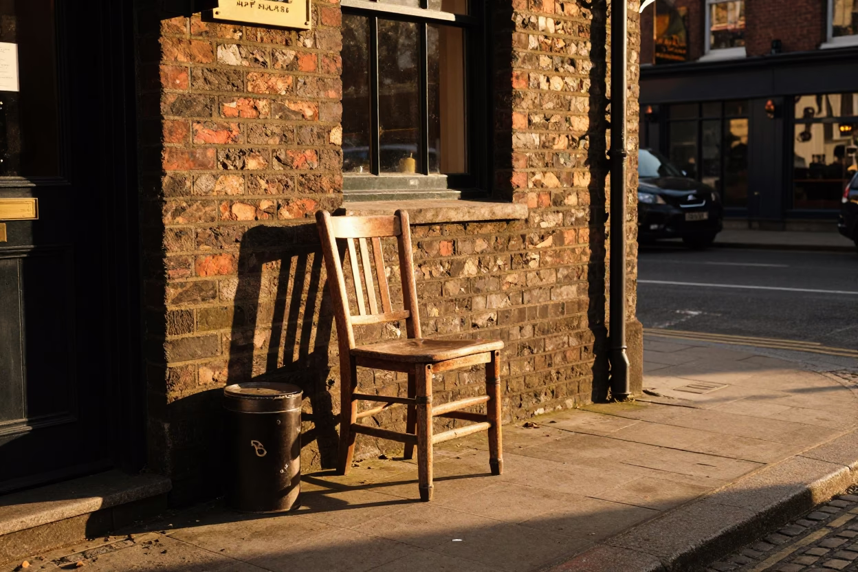 Honeyed Evening Light on Dublin Street with Coffee Tin and Chair Outside Traditional Pub in in Dublin, Ireland