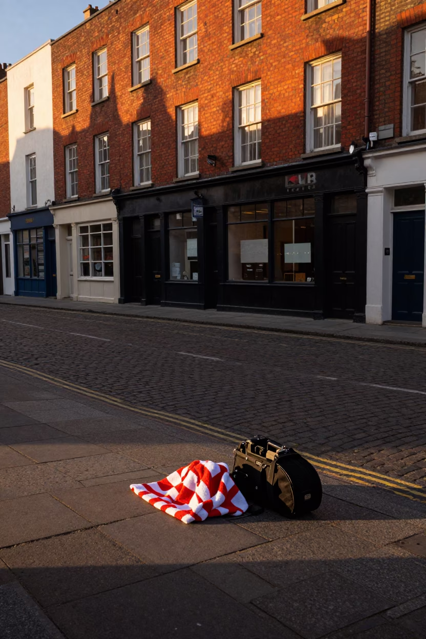 Honeyed Evening Light on Dublin Street with Striped Towel and Butter Knife in in Dublin, Ireland