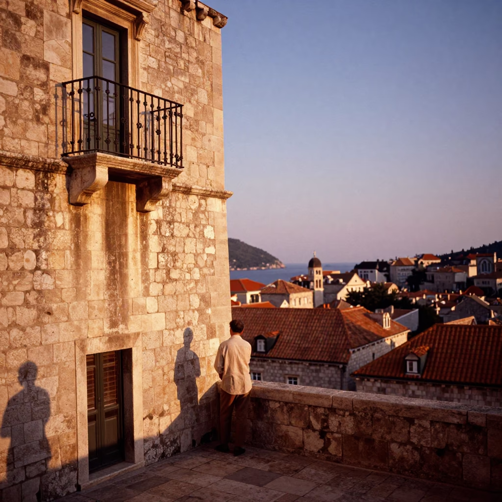Honeyed Evening Light on Dubrovnik Ancient Stone Walls and Local Street Life in in Dubrovnik, Croatia