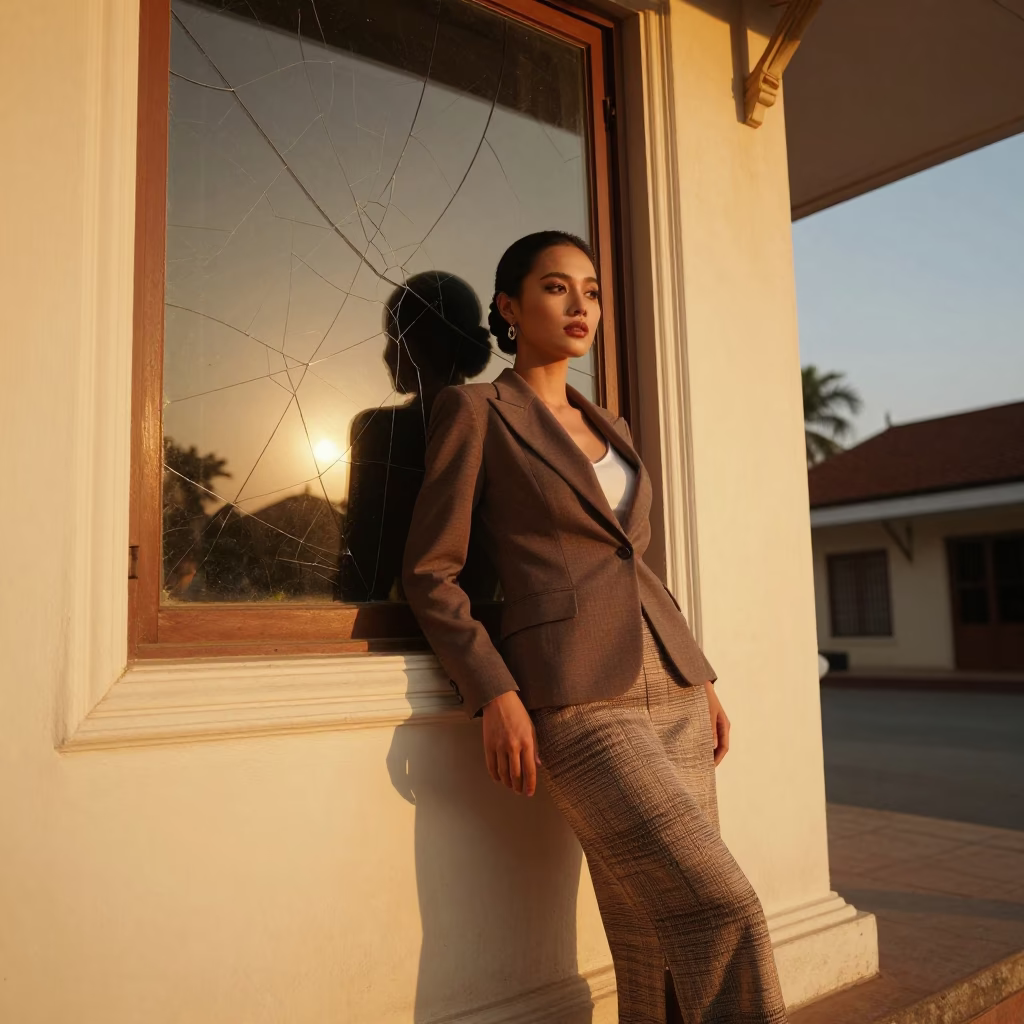 Honeyed Evening Light on Elegant Woman in Phnom Penh in in Phnom Penh, Cambodia