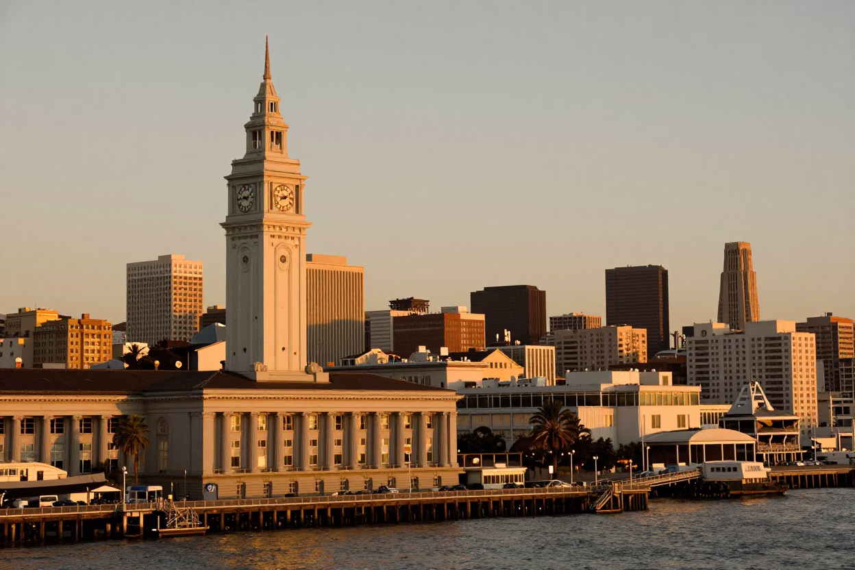 Honeyed Evening Light on Ferry Building in San Francisco in in San Francisco, California, United States