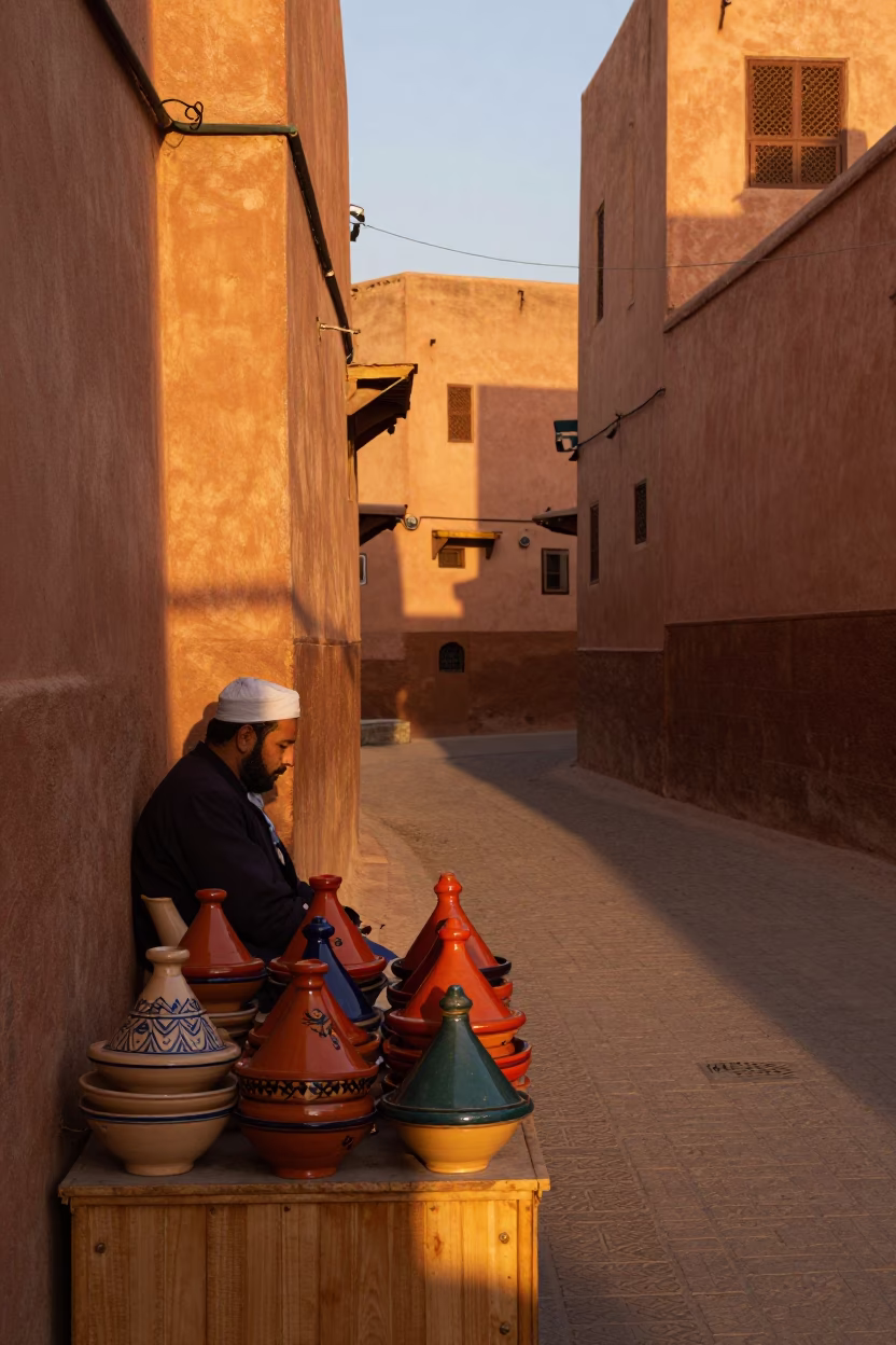 Honeyed Evening Light on Fez Morocco Medina Street with Ceramic Pottery and Umbrella Stand in in Fez, Morocco