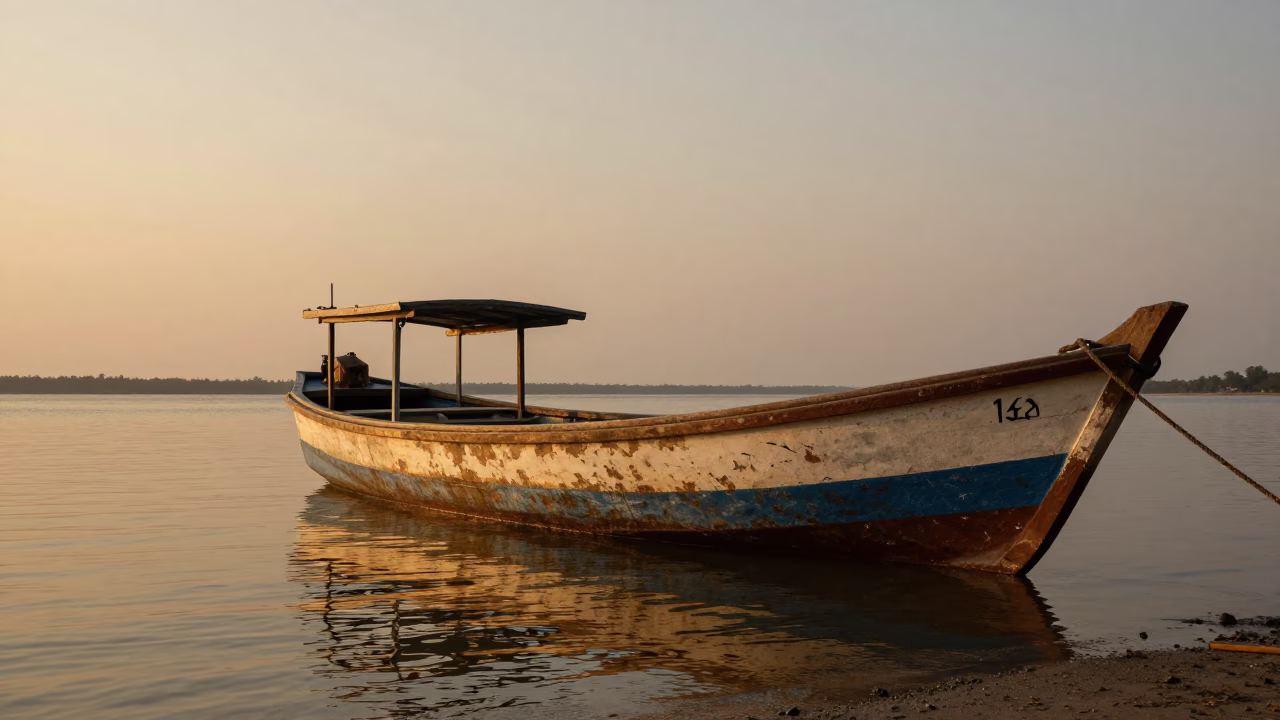 Honeyed Evening Light on Fishing Boat in Kochi in in Kochi, India