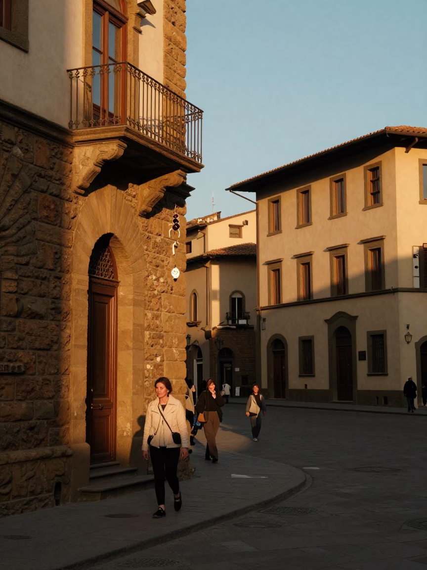 Honeyed Evening Light on Florence Italian Street with Locket and Local Interaction in in Florence, Italy