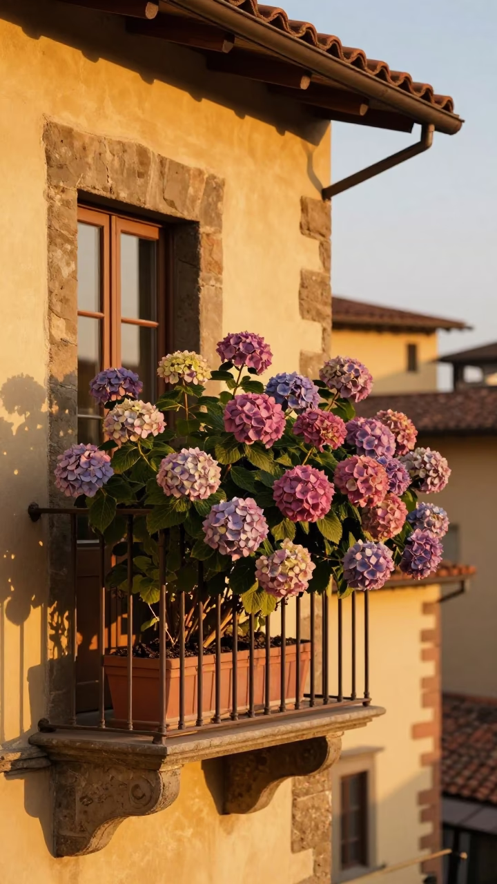 Honeyed Evening Light on Florentine Balcony with Hydrangea Bush and Prayer Beads in in Florence, Italy