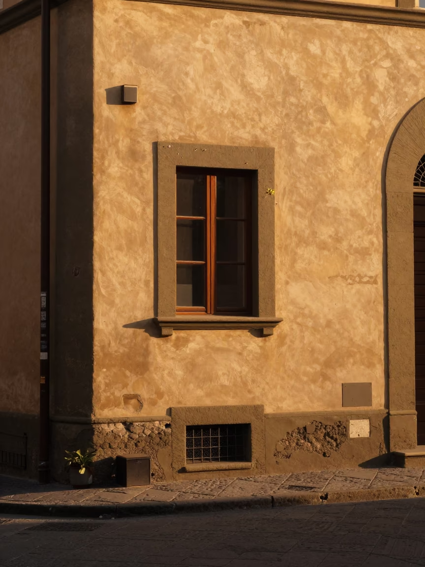 Honeyed Evening Light on Florentine Street Corner with Paint Flecks and Stone Architecture in in Florence, Italy