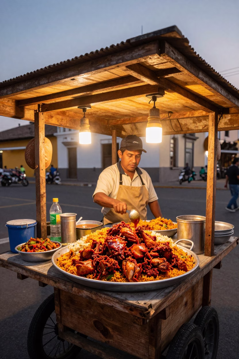 Honeyed Evening Light on Food Stall in Lima in in Lima, Peru