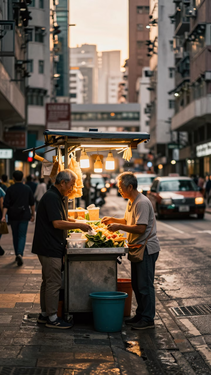 Honeyed Evening Light on Food Vendor in Hong Kong in in Hong Kong, Hong Kong