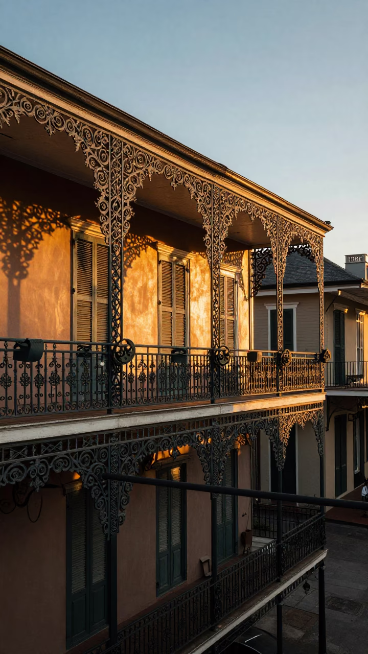 Honeyed Evening Light on French Quarter Balcony with Wrought Iron and Oranges in in New Orleans, Louisiana, United States