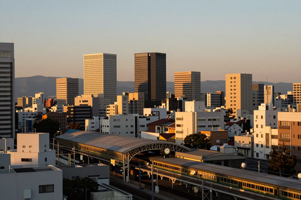 Honeyed evening light on Fukuoka cityscape with train station clock and urban horizon in in Fukuoka, Japan