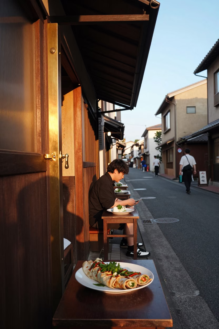 Honeyed Evening Light on Fukuoka Japan Street Scene with Local Dining and Urban Details in in Fukuoka, Japan