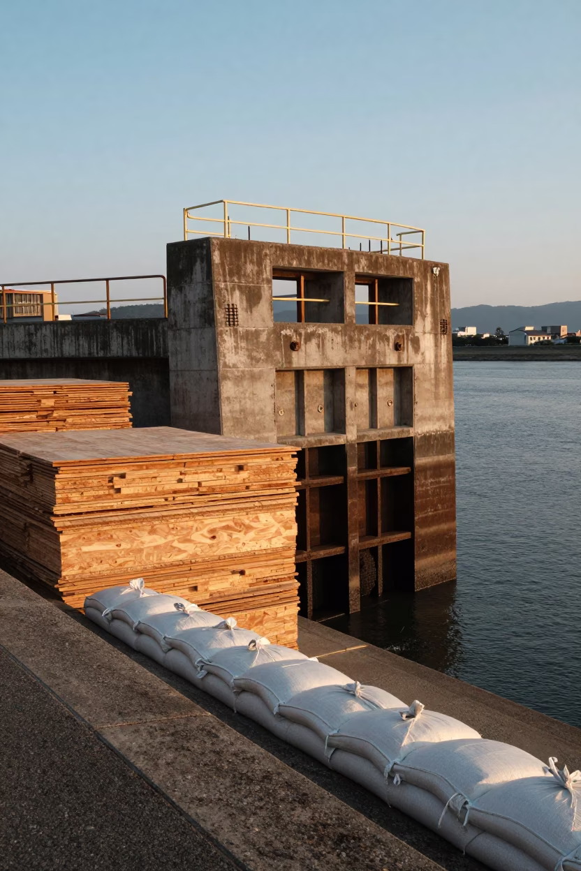 Honeyed Evening Light on Fukuoka Levee Floodgate Beside Plywood and Sandbags in in Fukuoka, Japan