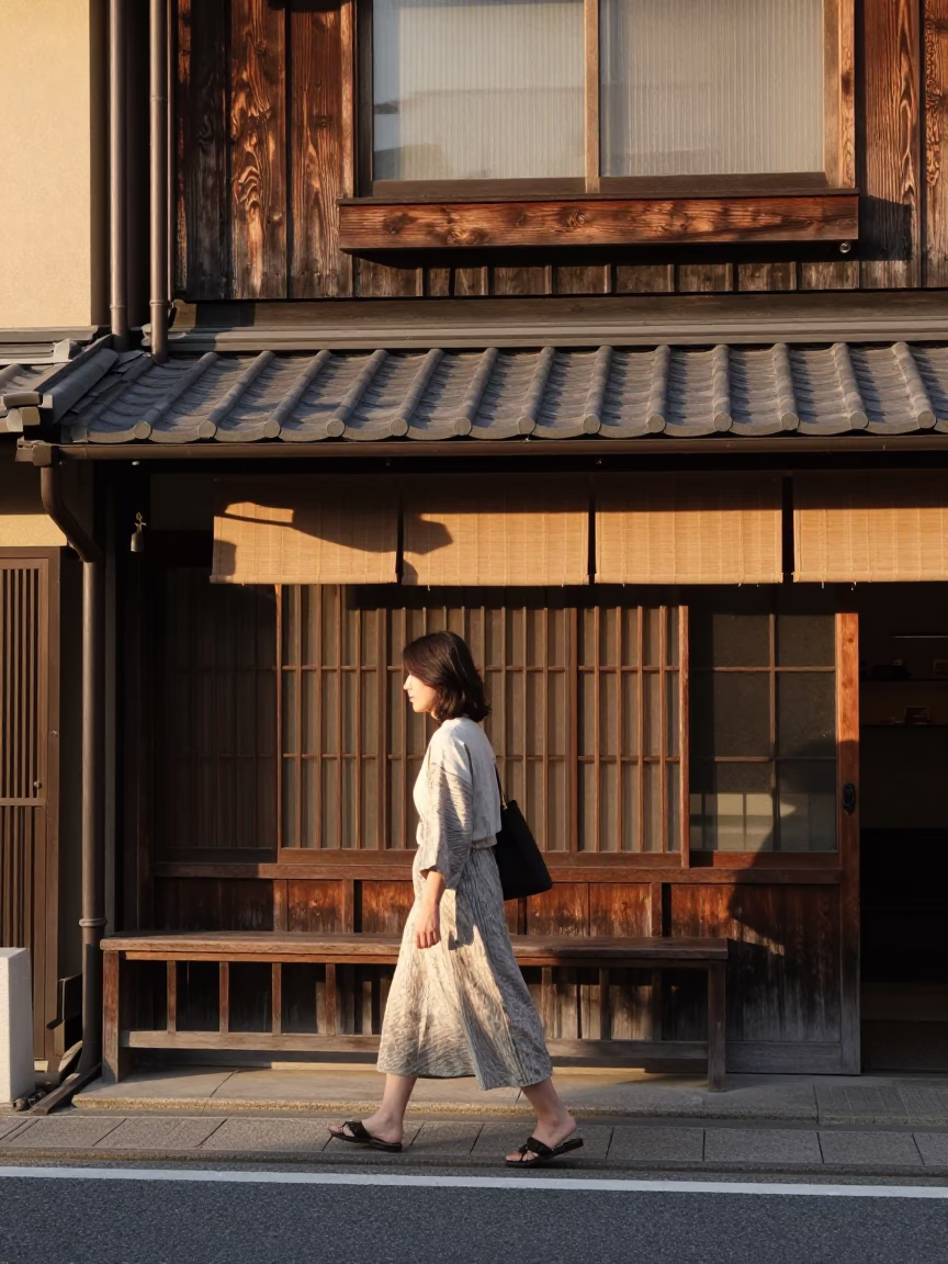 Honeyed Evening Light on Fukuoka Street Scene with Traditional Details in in Fukuoka, Japan
