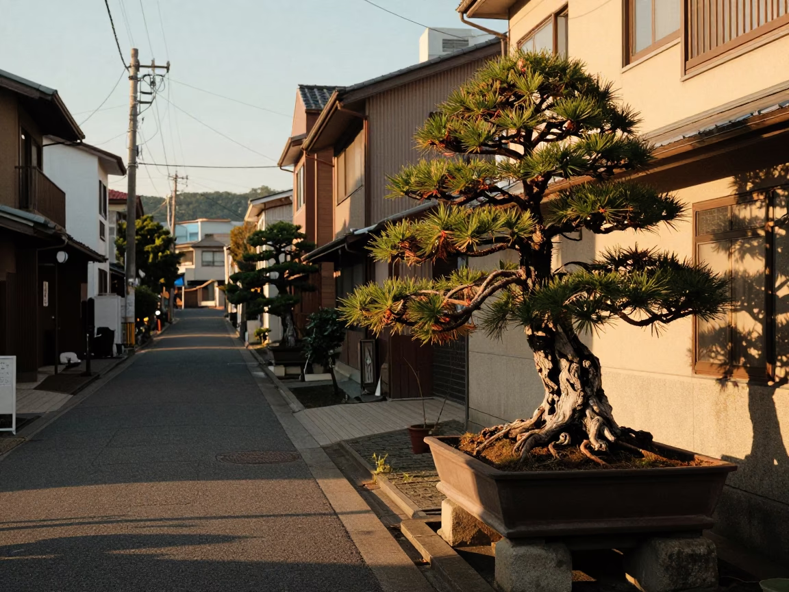 Honeyed Evening Light on Fukuoka Street with Bonsai Pine and Umbrella Stand in in Fukuoka, Japan
