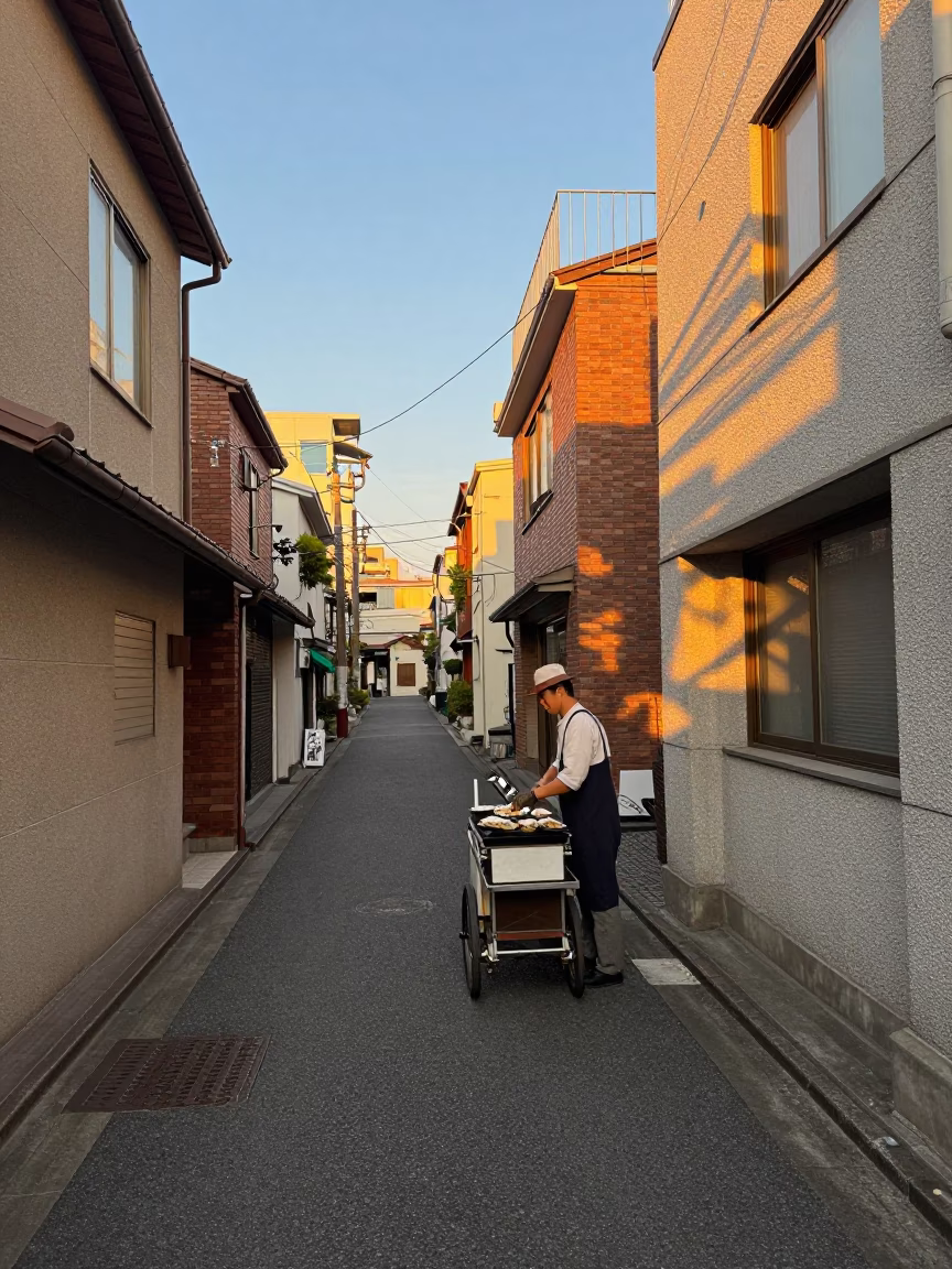 Honeyed Evening Light on Fukuoka Street with Oysters and Local Market Activity in in Fukuoka, Japan