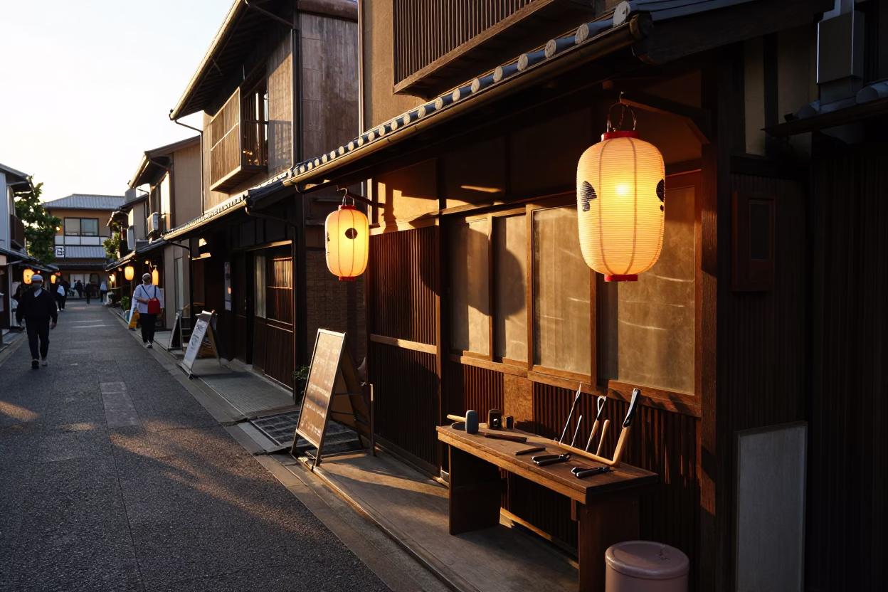 Honeyed Evening Light on Fukuoka Street with Traditional Lanterns and Local Life in in Fukuoka, Japan