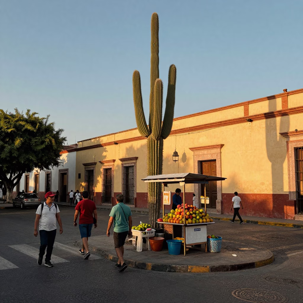 Honeyed Evening Light on Guadalajara Street Corner with Saguaro Cactus and Local Pedestrians in in Guadalajara, Mexico