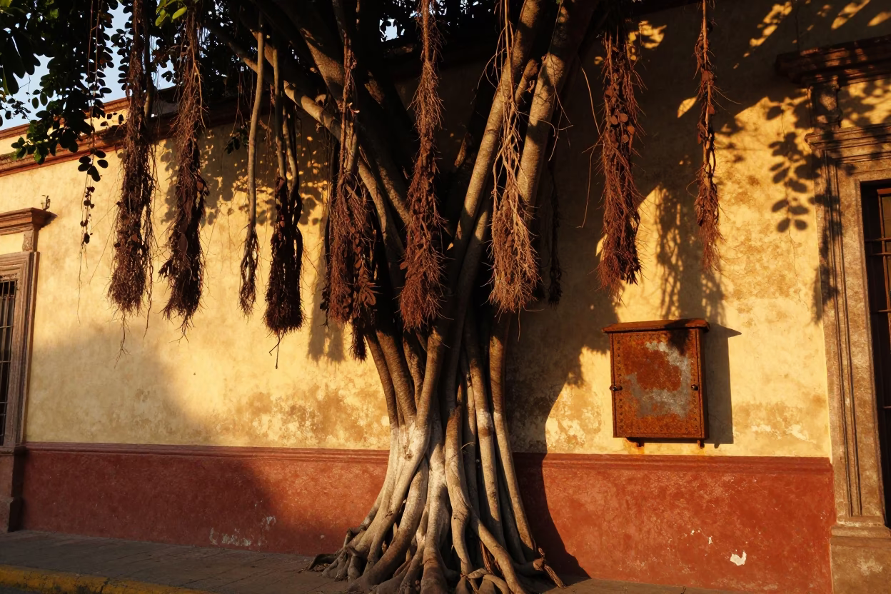 Honeyed Evening Light on Guadalajara Street with Strangler Fig and Vintage Lockbox in in Guadalajara, Mexico