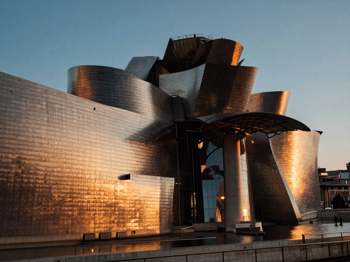 Honeyed Evening Light on Guggenheim Bilbao Architecture and Nervion River in in Bilbao, Spain