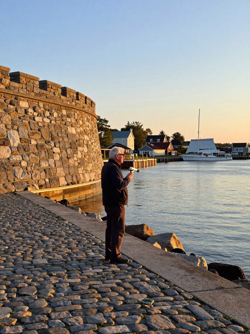 Honeyed Evening Light on Halifax Waterfront with Retired Astronomer and Brushed Steel Railing in in Halifax, Nova Scotia, Canada