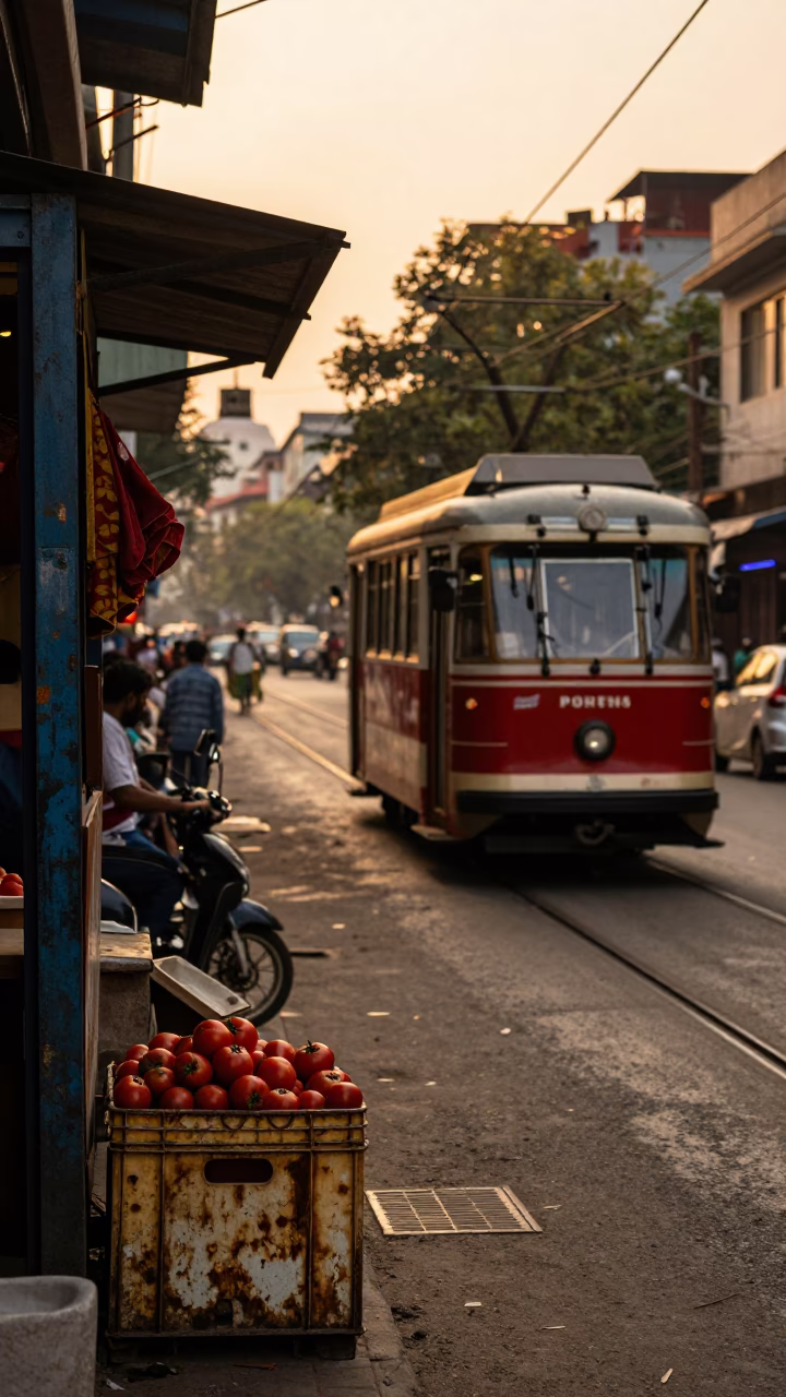 Honeyed Evening Light on Hyderabad Street with Cable Car and Local Details in in Hyderabad, India