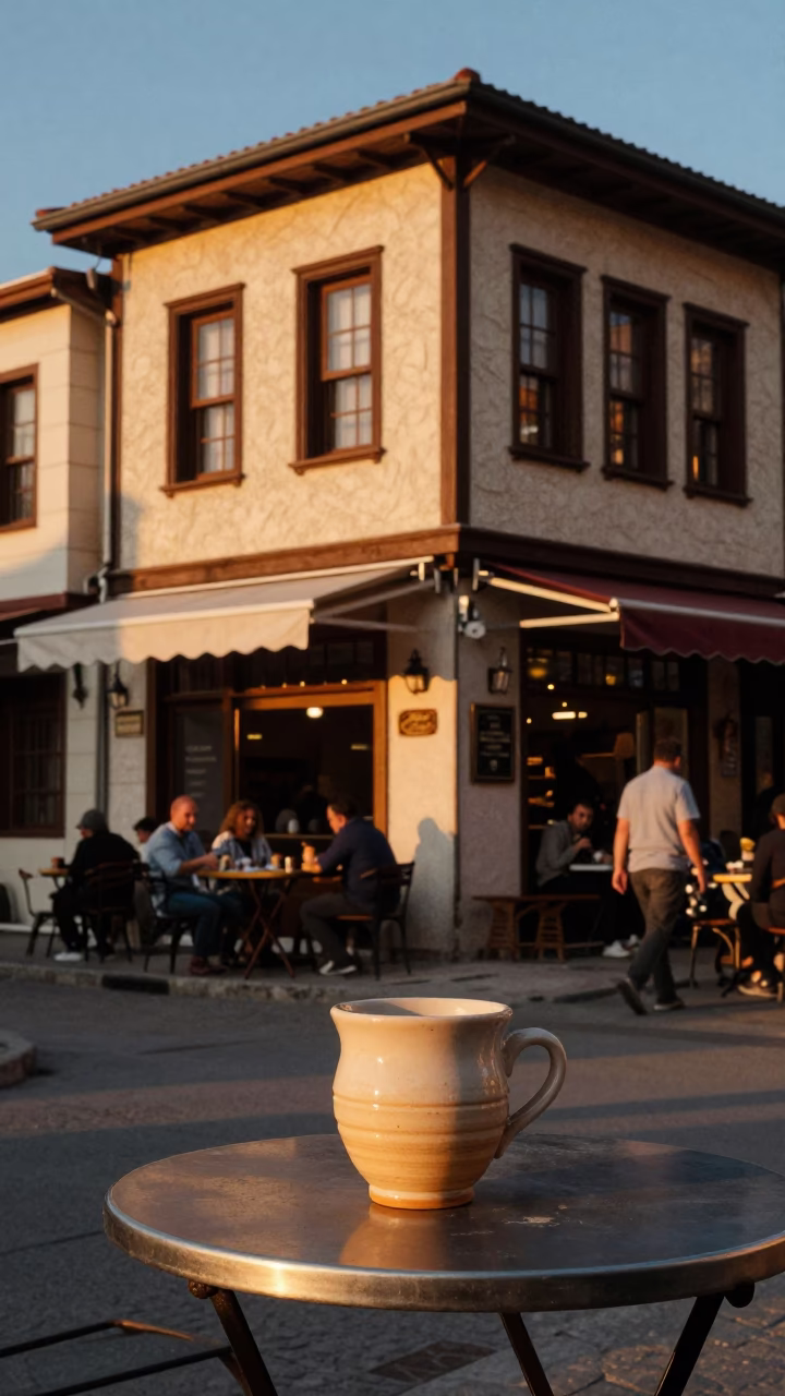 Honeyed Evening Light on Izmir Street with Ceramic Cup and Salt Shaker in in Izmir, Turkey